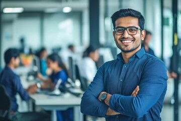 Aufkleber - Standing with his arms crossed in a modern office for an IT company, a smiling Indian businessman smiles