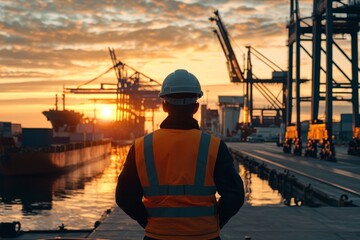 Aufkleber - Construction engineer observing a building in the construction site from the back in standard safety