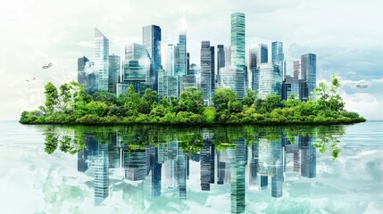 Poster - A futuristic city with skyscrapers and lush forest