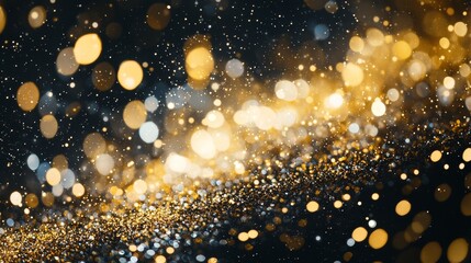 Leinwandbilder - Golden bokeh, raining light, blurry lights, blurry background, yellow or orange confetti on black, city lights at night, haze, depth of field, circle bokeh, round bokeh, coming from the center