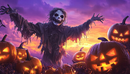 A Grim Reaper Scarecrow Standing Among Jack-O-Lanterns