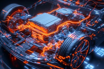 Poster - Exposed inner workings of a highly detailed electric car chassis