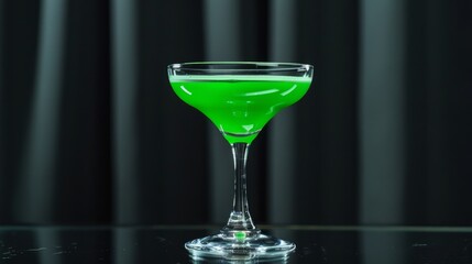 Green cocktail in a glass on a black surface.