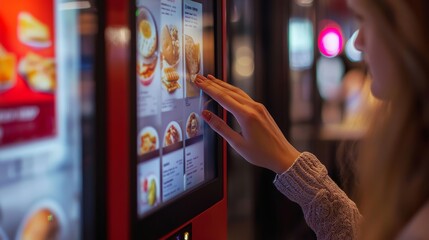 Poster - A customer's hand touches a touch screen to order food and pay electronically: stock