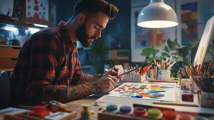 Poster - At a busy creative studio workshop, graphic designers brainstorm logo designs and graphic art Experimenting with color palette and pattern at a workspace table for creative designs Panorama Sh :