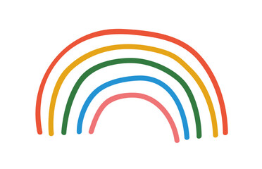 Poster - Cute doodle rainbow, colorful arched lines. Kids drawn arc, design element in naive style. Scribble sketch drawing, decoration. Simple colored flat vector illustration isolated on white background