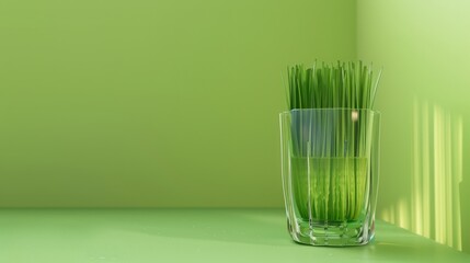 Poster - Green grass in a glass vase on a green surface.