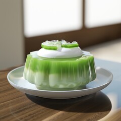 Wall Mural - Green layered dessert with white topping and green garnish on a white plate.