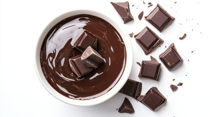 Poster - An isolated top view of a bowl of melted milk chocolate and broken pieces of chocolate bar is shown on a white background.