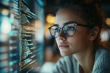 Leinwandbilder - A close-up of a beautiful girl wearing glasses working on a futuristic computer with holograms. Concept: Future, technology, work
