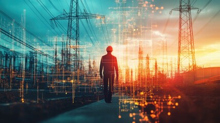 A professional photo with a double exposure effect showing an electrical engineer walking through a power plant, combined with transparent layers of electrical schematics and power symbols,