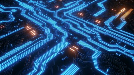 Leinwandbilder - An illustration of 3D binary data on a microchip with a glow circuit board background. Concept for deep learning, crypto currency, high technology. Data visualization, data processing.