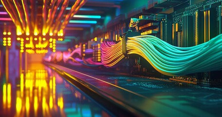 Poster - A fiber optic cable connects fiber optic ports with a UTP cable and a network cable connects Ethernet ports with a fiber optic cable.