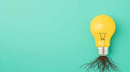 Light bulb with interconnected roots, deep insight and foundational growth, flat design illustration