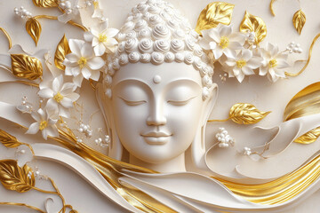 Wall Mural - a white and gold Buddha face with flowers, a luxury background design, a white, gray, and beige color palette