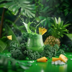 Sticker - Green smoothie with pineapple splash, tropical leaves and kale.