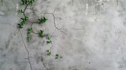 Canvas Print - Green vine growing on a cracked grey concrete wall.