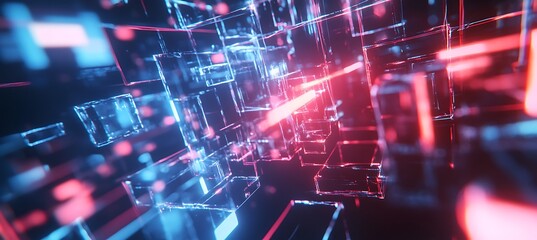 Poster - a futuristic cityscape with interconnected holograms and neon-lit pathways