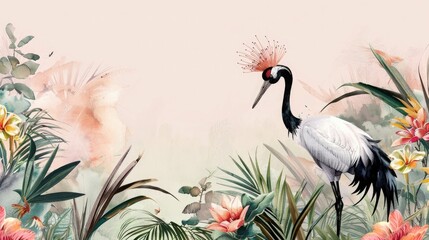 Naklejka na meble Modern wallpaper. Watercolor jungle illustration. Crane bird elements, watercolor painting wallpaper. Mural wallpaper. AI generated illustration