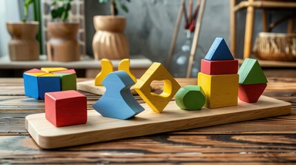 Poster - Montessori puzzle toys. Wooden geometric shapes, sorting and counting game, math preschool learning