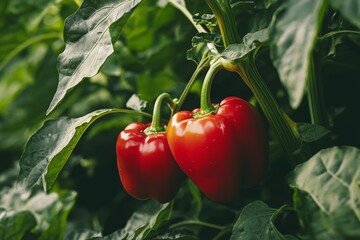 Growing ripe sweet bell peppers in a glass greenhouse, Dutch bio-farming