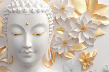 Wall Mural - a white and gold Buddha face with flowers, a luxury background design, a white, gray, and beige color palette