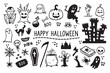 © Yanka - Halloween doodles black and white drawing set. Happy halloween doodle elements Design for prints, decoration of postcards and posters, stickers, sublimation