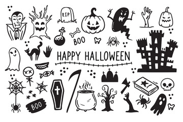 Halloween doodles black and white drawing set. Happy halloween doodle elements Design for prints, decoration of postcards and posters, stickers, sublimation