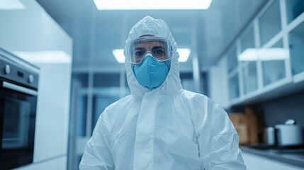 Wall Mural - A man in a white lab coat and a mask is standing in a kitchen