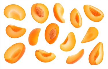 Wall Mural - An assortment of different angles of apricot slices isolated on a transparent background.