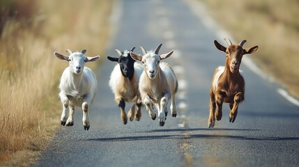 Wall Mural - Goats running along a road, displaying their lively and energetic nature.