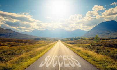 Road to success concept. A straight, long street leads forward with bright sunlight waiting ahead, and a word success on the path