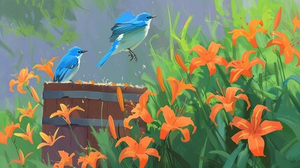 Poster - Two bluebirds flying over an old wooden bucket with orange lilies in the grass