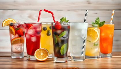 Wall Mural - assortment of fresh iced fruit drinks on wooden background isolated with white highlights, png