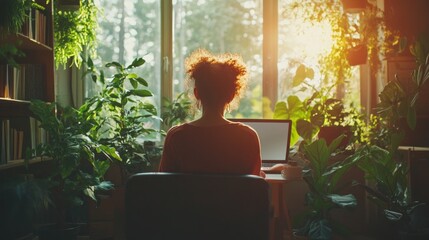 Poster - A woman sits at a desk in front of a laptop, with a potted plant behind her