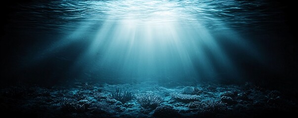 Poster - A haunted underwater scene with ghostly sea monsters swimming through an eerie, dark ocean with glowing coral and sinister shadows. The composition includes significant copy space for messaging.
