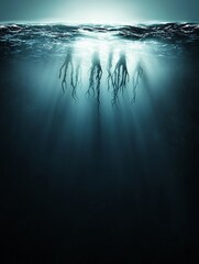Poster - A dark and eerie ocean with ghostly sea monsters lurking beneath the surface, highlighted by glowing green and blue hues, perfect for a Halloween theme. The image includes extensive copy space.
