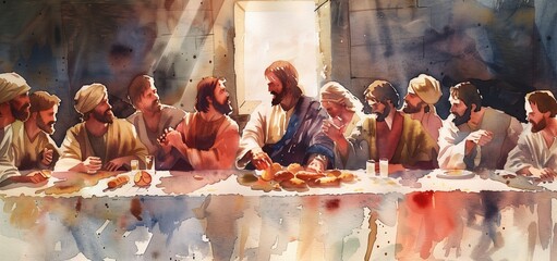 Watercolor painting of the Last Supper with Jesus and disciples at a long table in a dimly lit room.