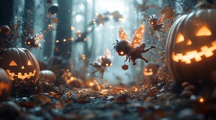 Poster - a group of whimsical halloween fairies with glowing wings and festive costumes fluttering in a dark,