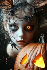 Poster - A close-up of a Halloween fairy with intricate face paint and glowing wings, standing next to a carved pumpkin with a spooky face, with plenty of copy space for text.