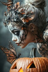 Poster - a close-up of a halloween fairy with intricate face paint and glowing wings, standing next to a carv