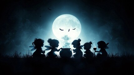 Poster - A group of Halloween fairies gathered around a cauldron, brewing a magical potion under the light of the moon, with the background offering significant copy space for customization.