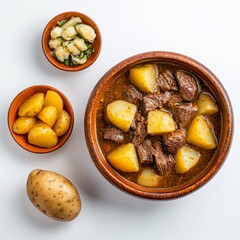 Sticker - Hearty stew with potatoes and meat in a wooden bowl.