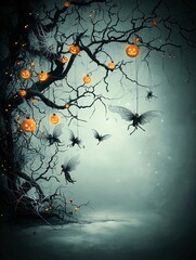 a group of halloween fairies flying around a spooky tree decorated with cobwebs and glowing orbs, wi