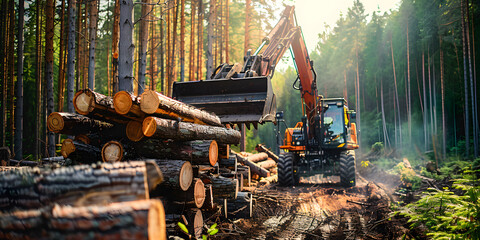 a forestry forwarder in action, loading freshly cut logs into a pile in a dense forest, illustrating