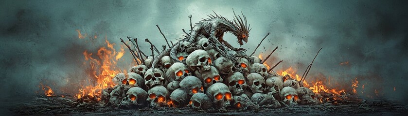 Poster - A dark and eerie landscape featuring a dragon perched on a pile of skulls, with glowing orange eyes and flames in the background, set in a spooky Halloween scene. The design leaves plenty of copy