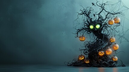 Poster - A Halloween dragon with glowing green eyes wraps around a haunted tree, with its tail intertwined with eerie cobwebs and hanging lanterns. The background includes ample copy space for additional