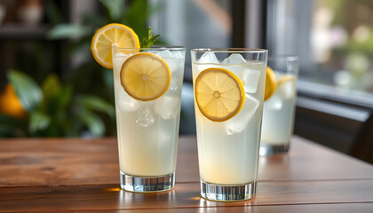 Canvas Print - Two lemonade glasses, fresh drink with lemon slice, ice cubes on the wooden table with one glass blurred on the background isolated with white highlights, png