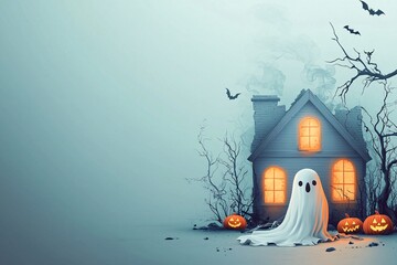 Poster - A Halloween-themed comic book frame showing a haunted house with glowing windows and a creeping ghost, designed with ample copy space for additional content.