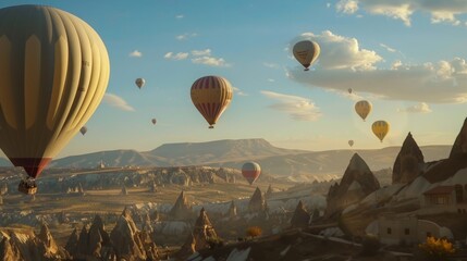 Canvas Print - Hot air balloons float over a rocky landscape at sunrise.